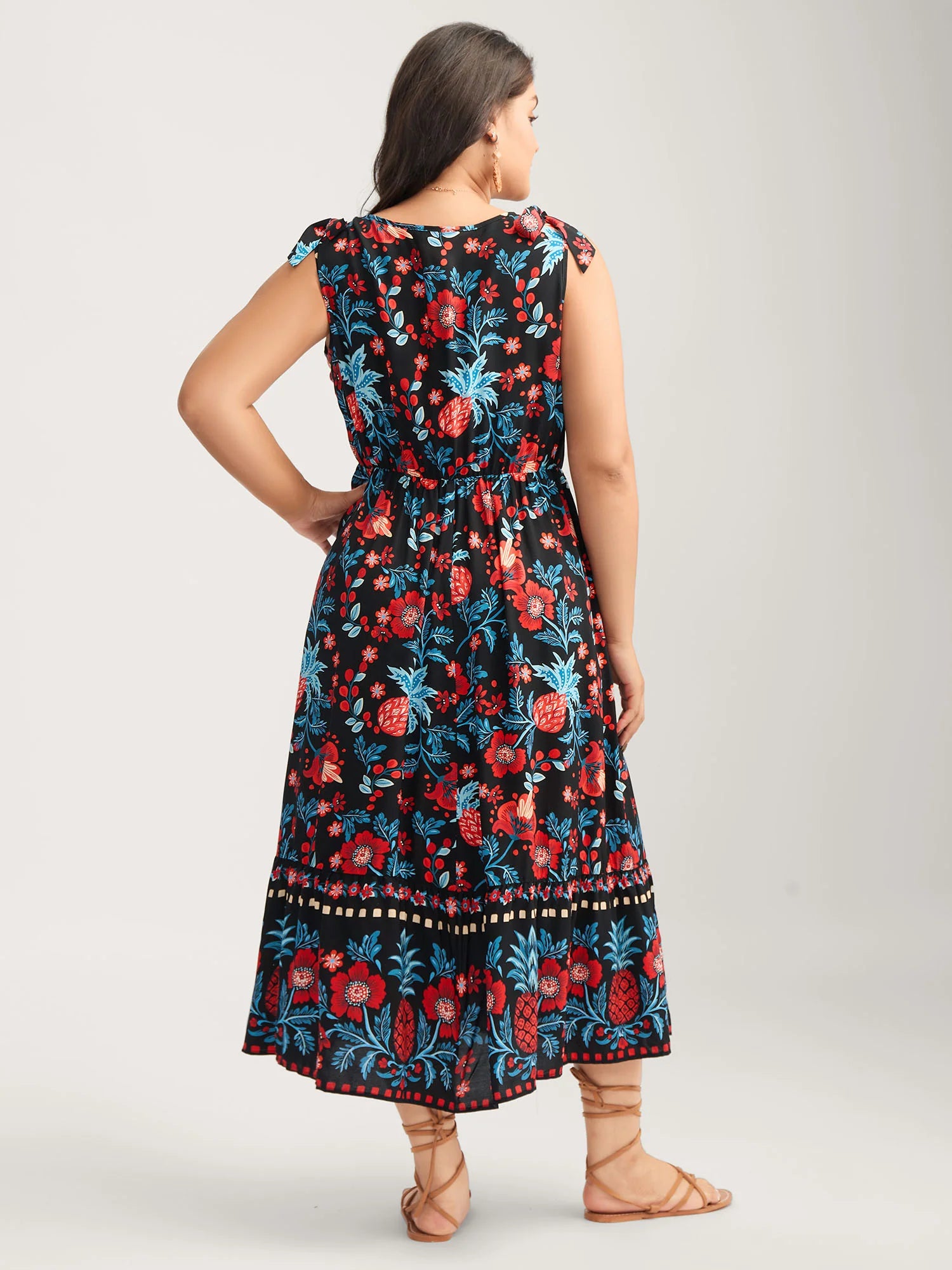 Boho Print Shoulder Tie Midi Dress