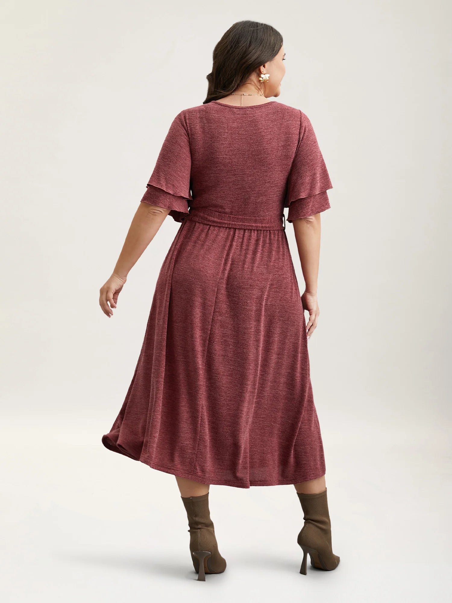 Layered Lotus Sleeve Belted Midi Knit Dress