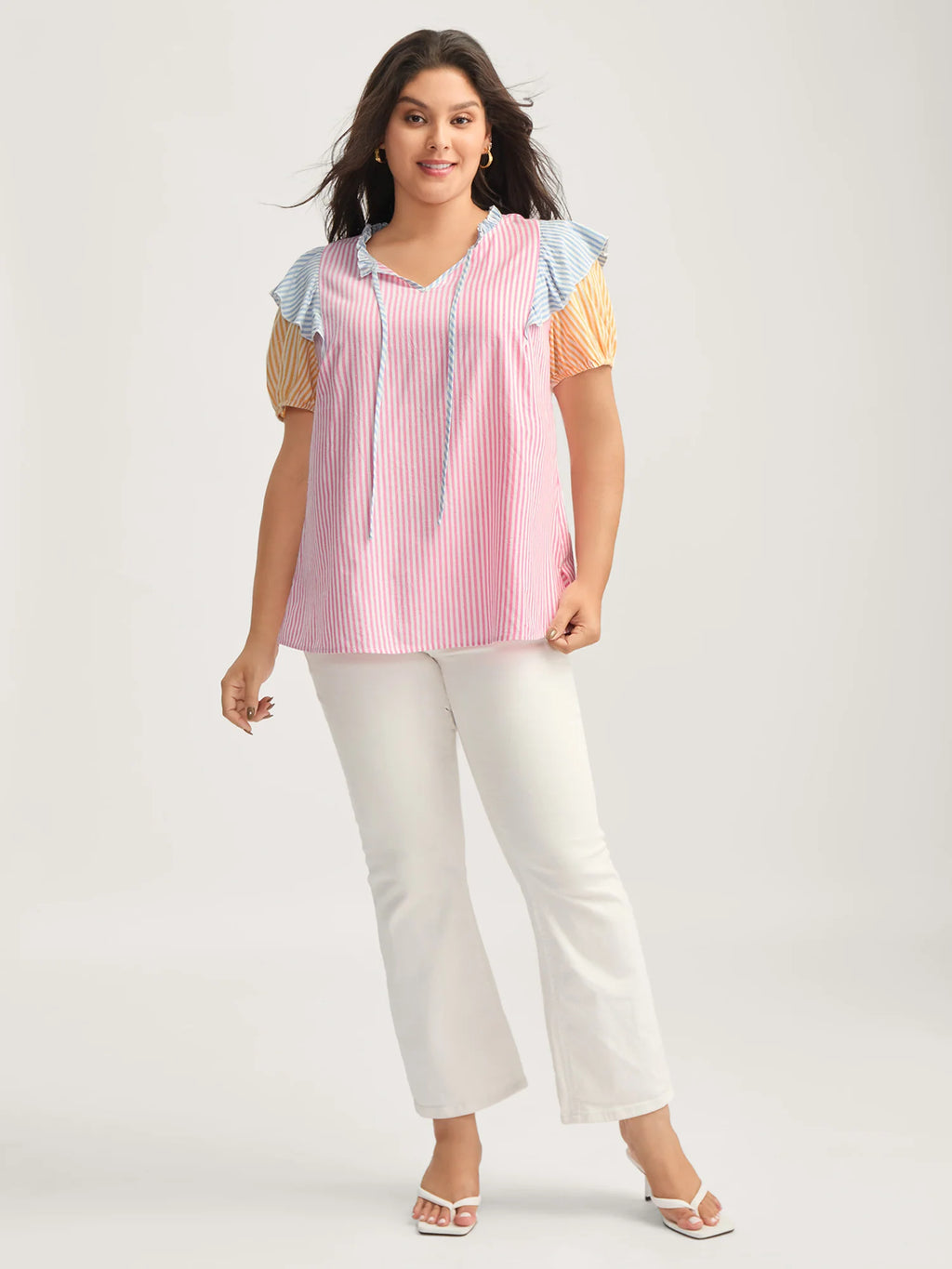 Cotton Colorful Stripes Ruffled Neck Tie Blouse