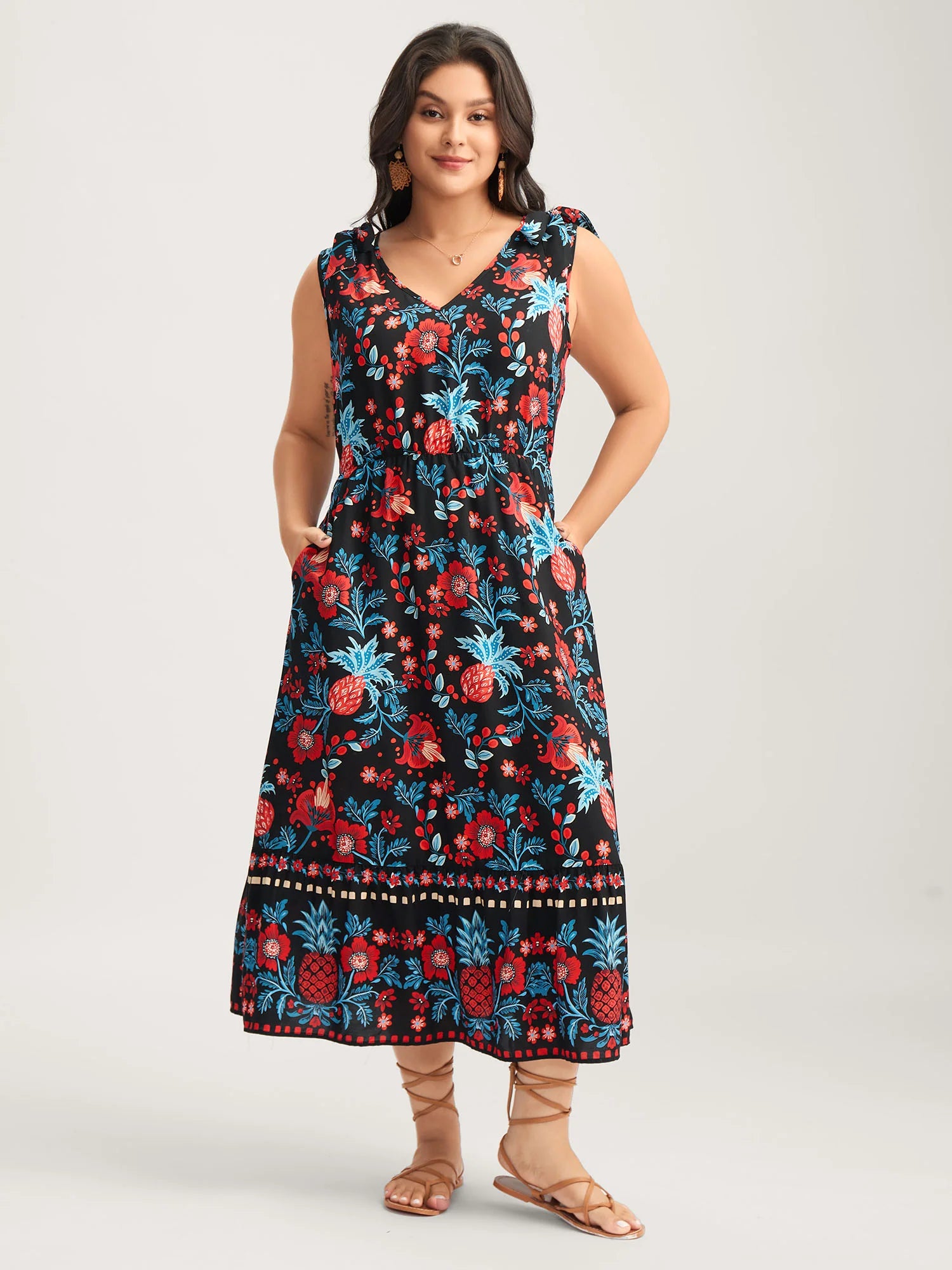 Boho Print Shoulder Tie Midi Dress