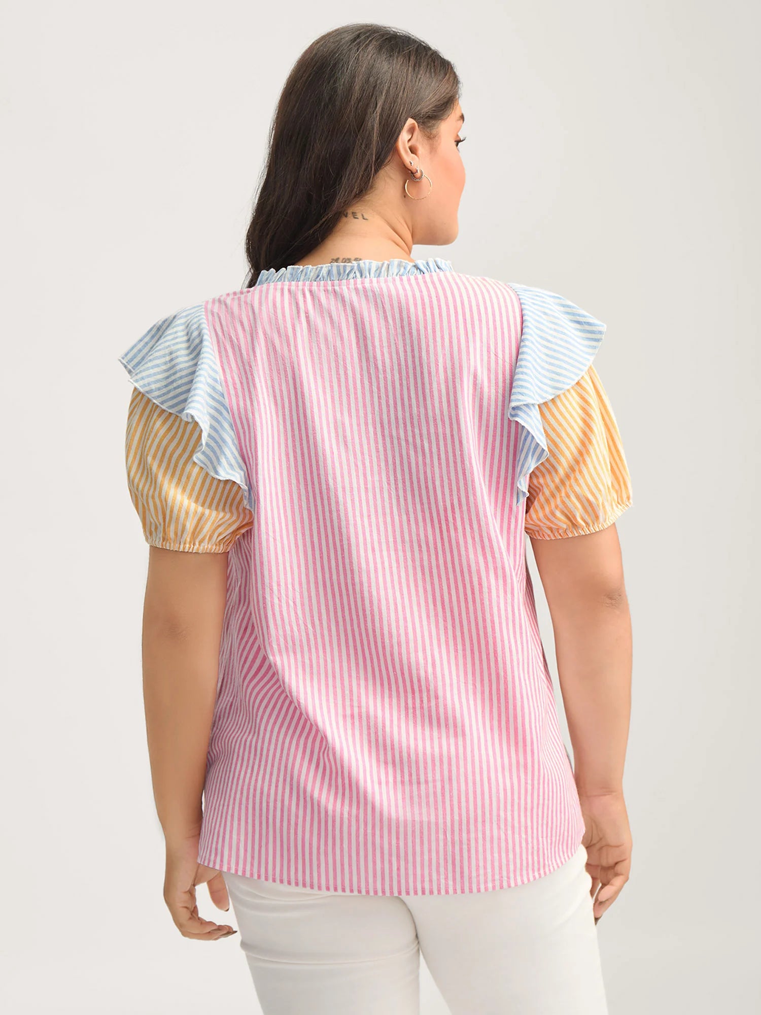 Cotton Colorful Stripes Ruffled Neck Tie Blouse