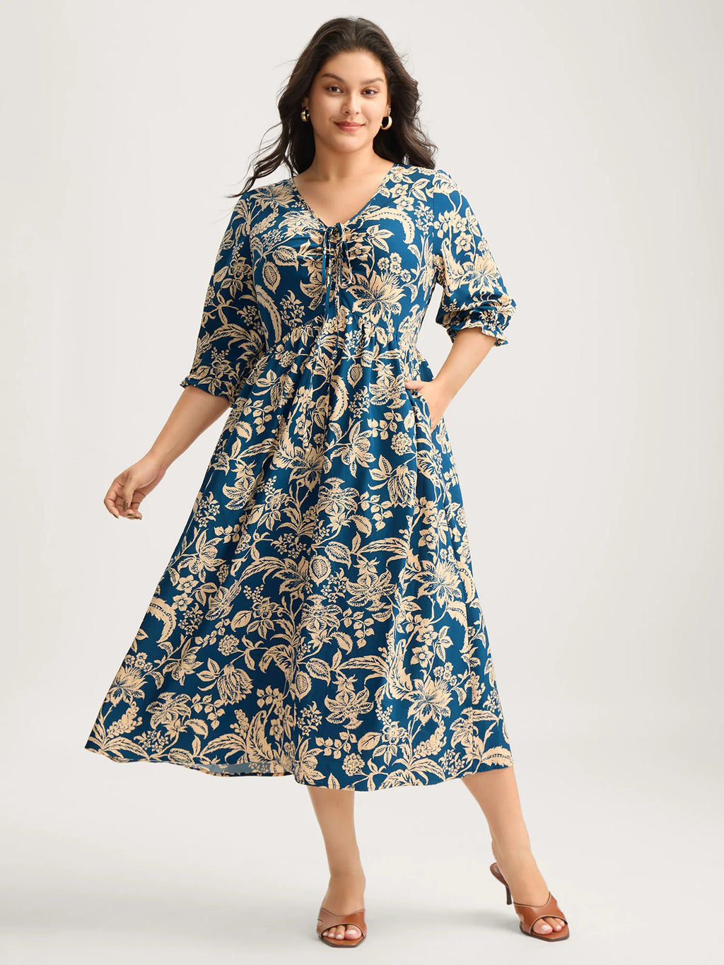 Boho Floral Drawstring Pockets Midi Dress