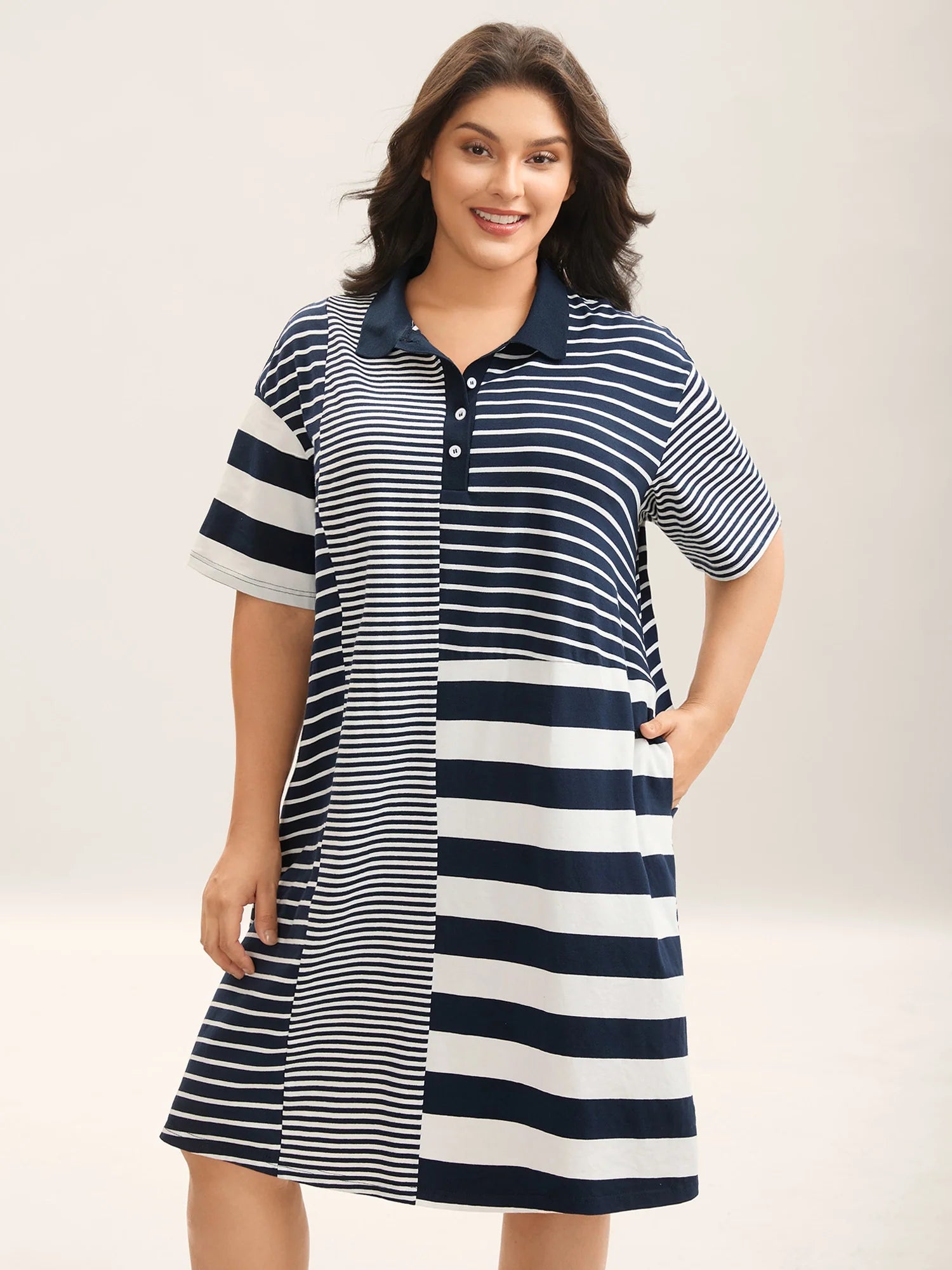 Cotton Knit Stripe Print Midi Dress