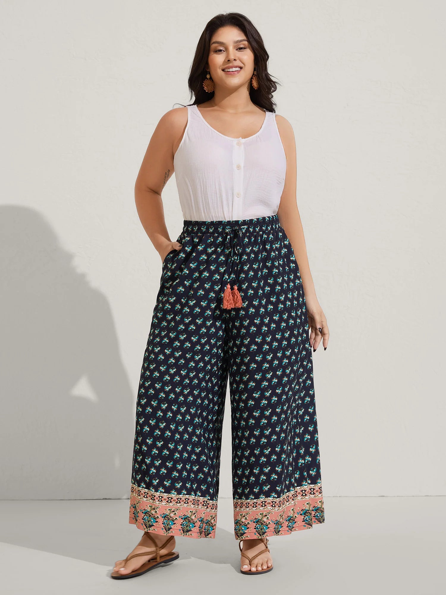 Boho Stretchy Waist Wide-Leg Pants