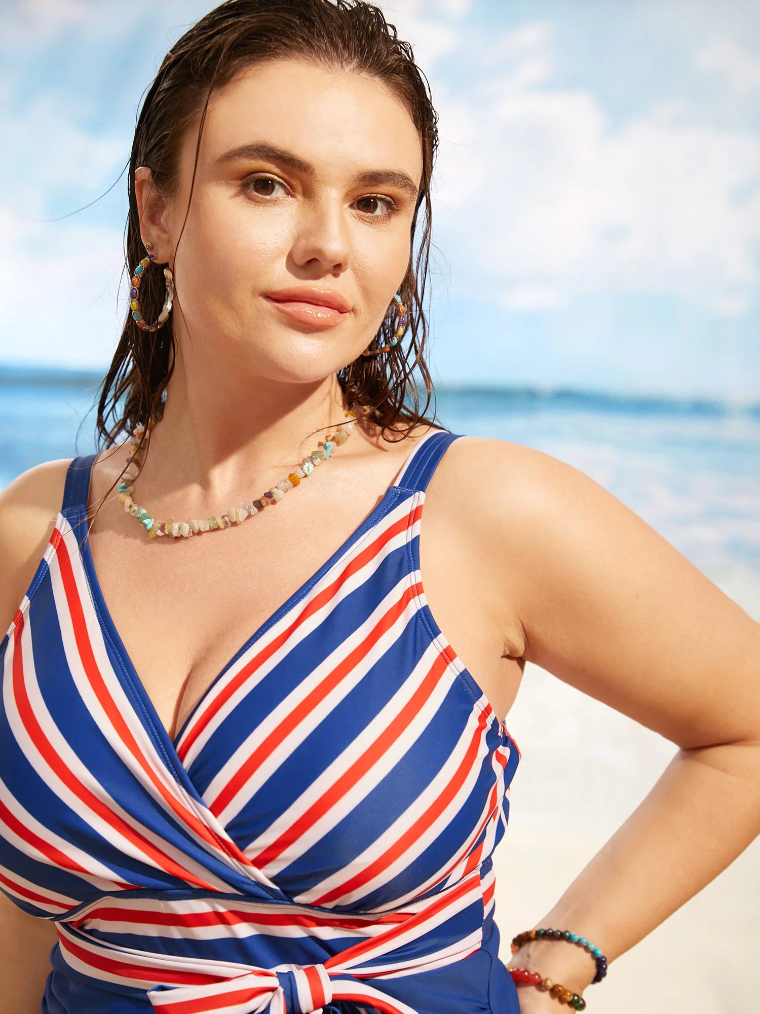 Overlap Collar Contrast Striped Tie knot One Piece Swimsuit