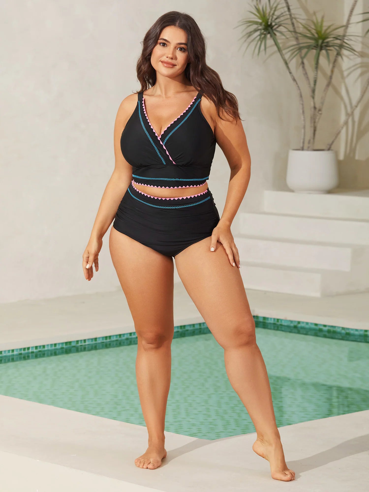 Embroidered Color Contrast Swim Top