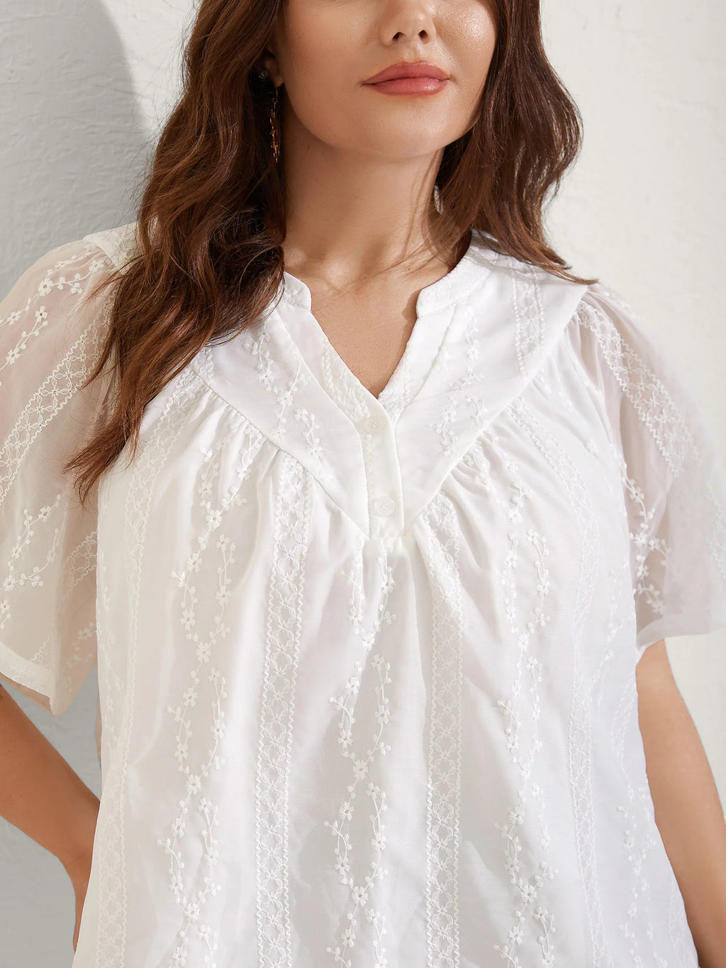 Embroidered Notched Collar Sheer Blouse