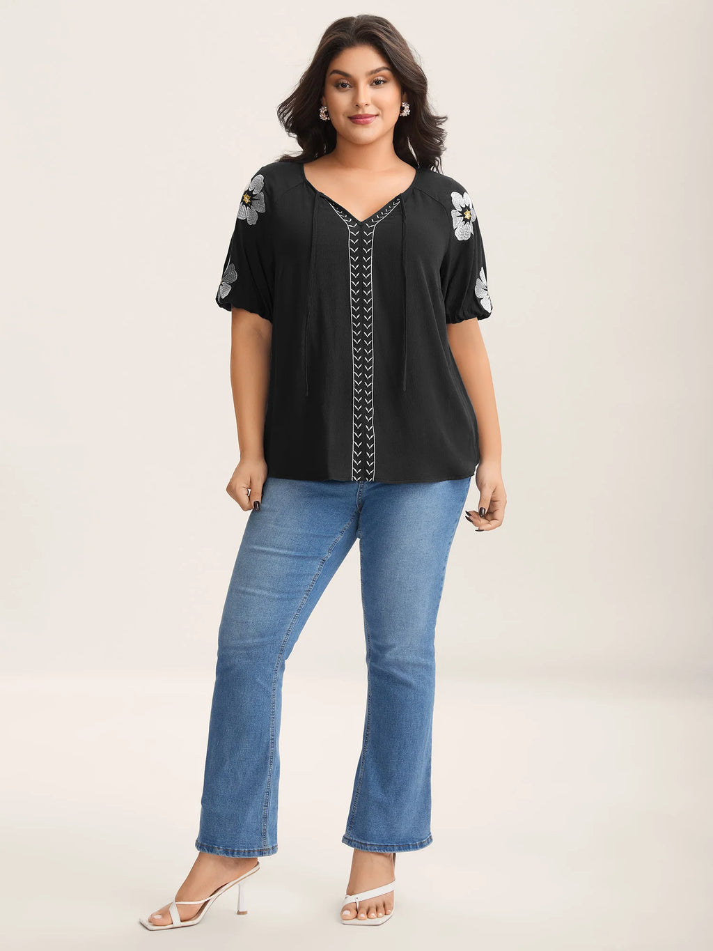 Floral Embroidery Textured Neck Tie Blouse