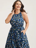 Floral Print Belted Stretchy Waist Midi Dress