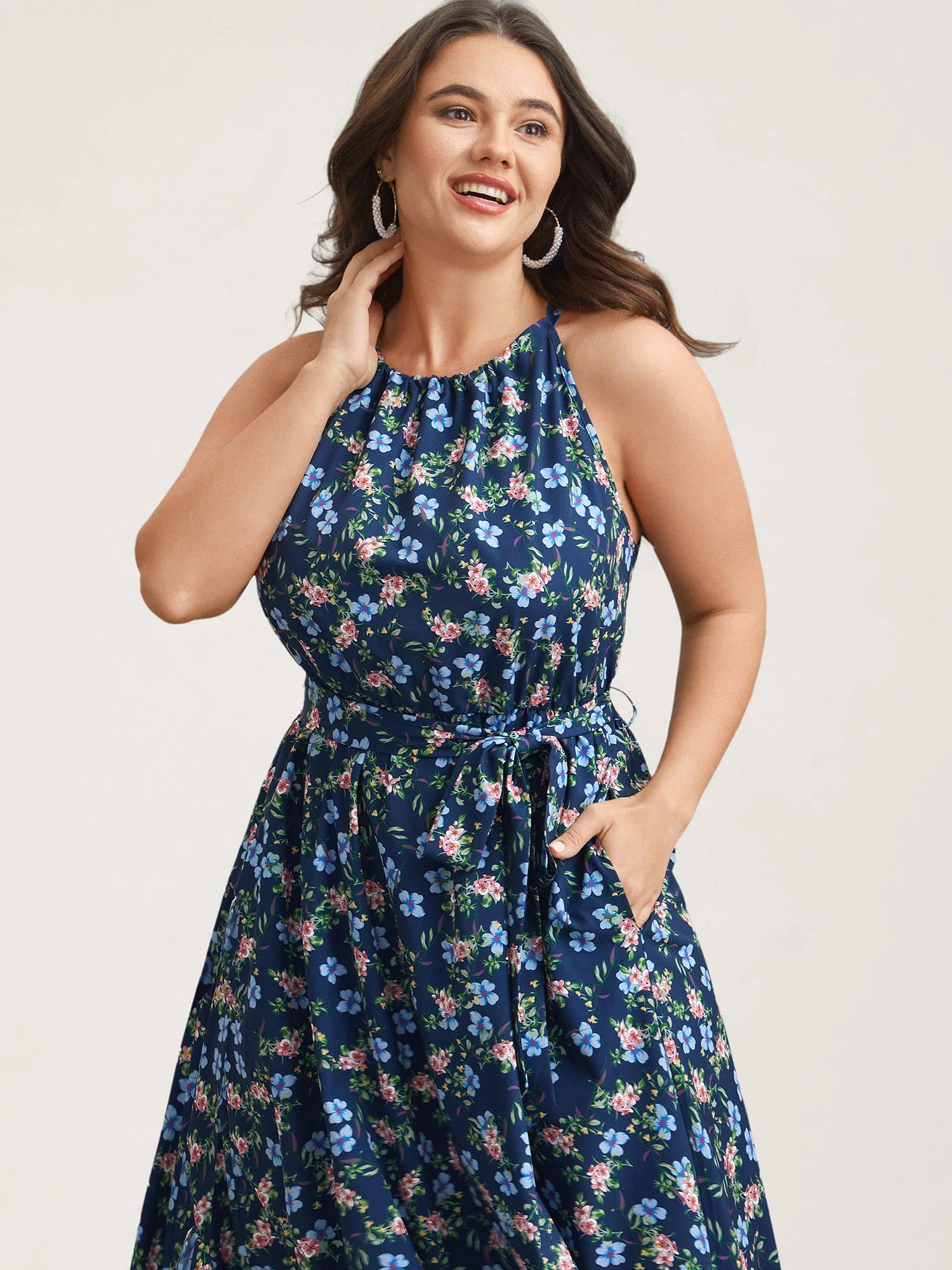 Floral Print Belted Stretchy Waist Midi Dress