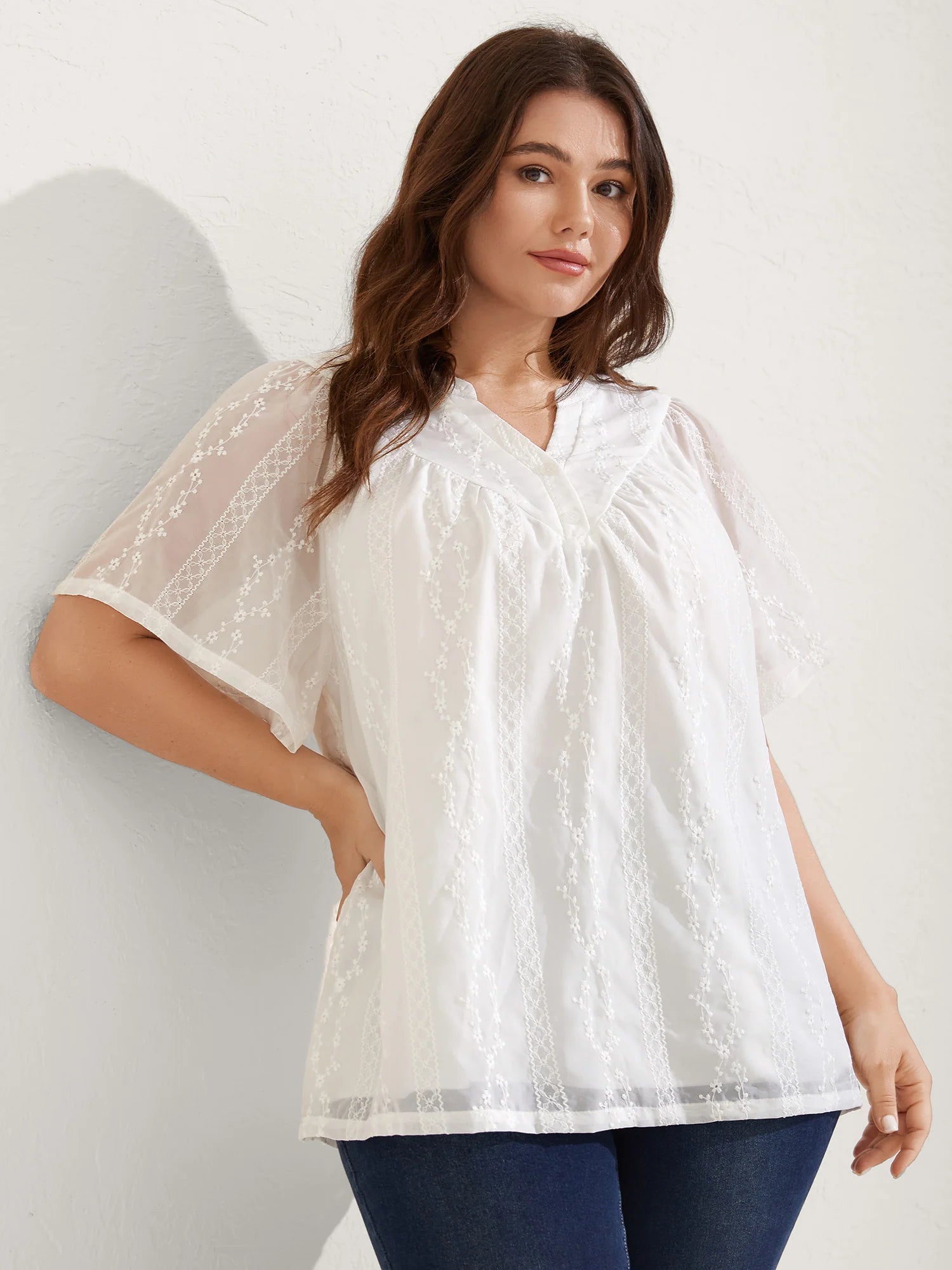 Embroidered Notched Collar Sheer Blouse