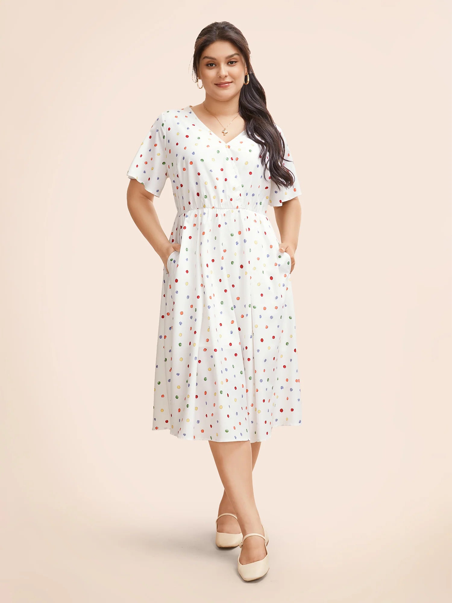 Colored Polka Dot Overlap Collar Midi Dress