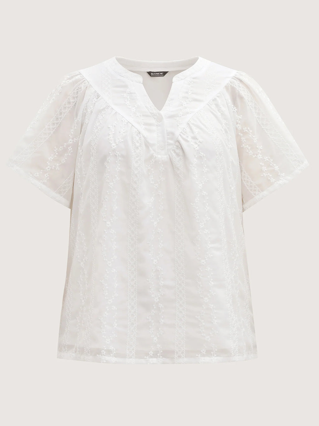 Embroidered Notched Collar Sheer Blouse