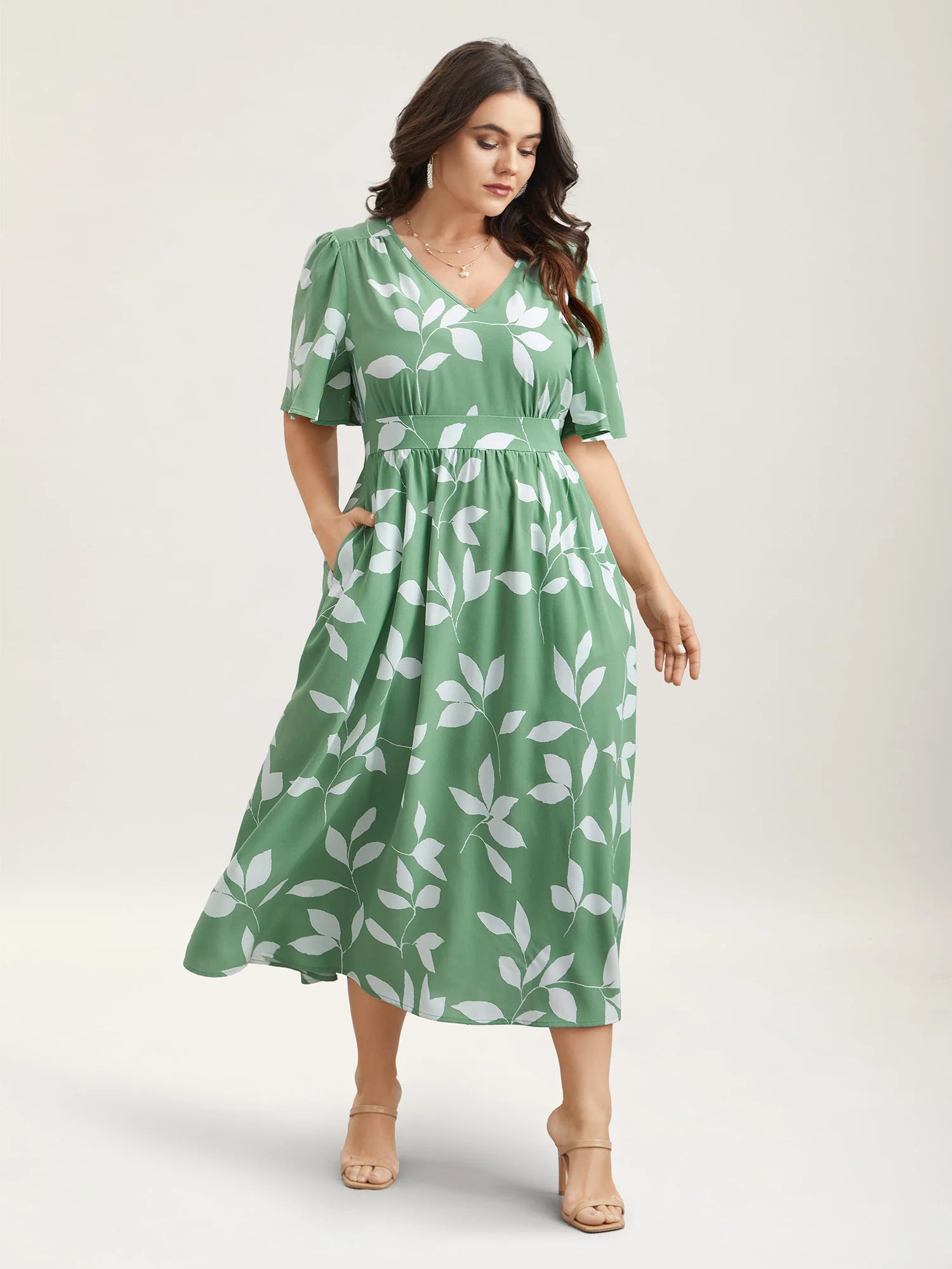 Leaf Print Waist-Cinched Flared Maxi Dress