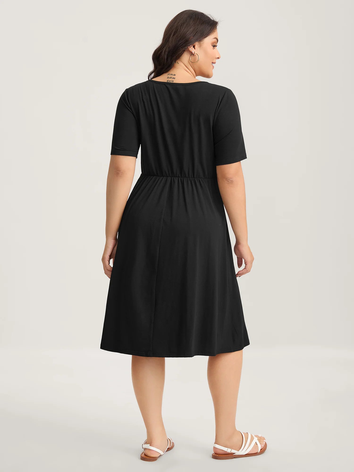 Overlap Bodice Solid Knit Pockets Midi Dress