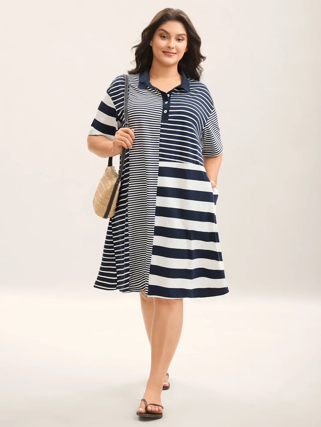 Cotton Knit Stripe Print Midi Dress