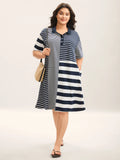 Cotton Knit Stripe Print Midi Dress