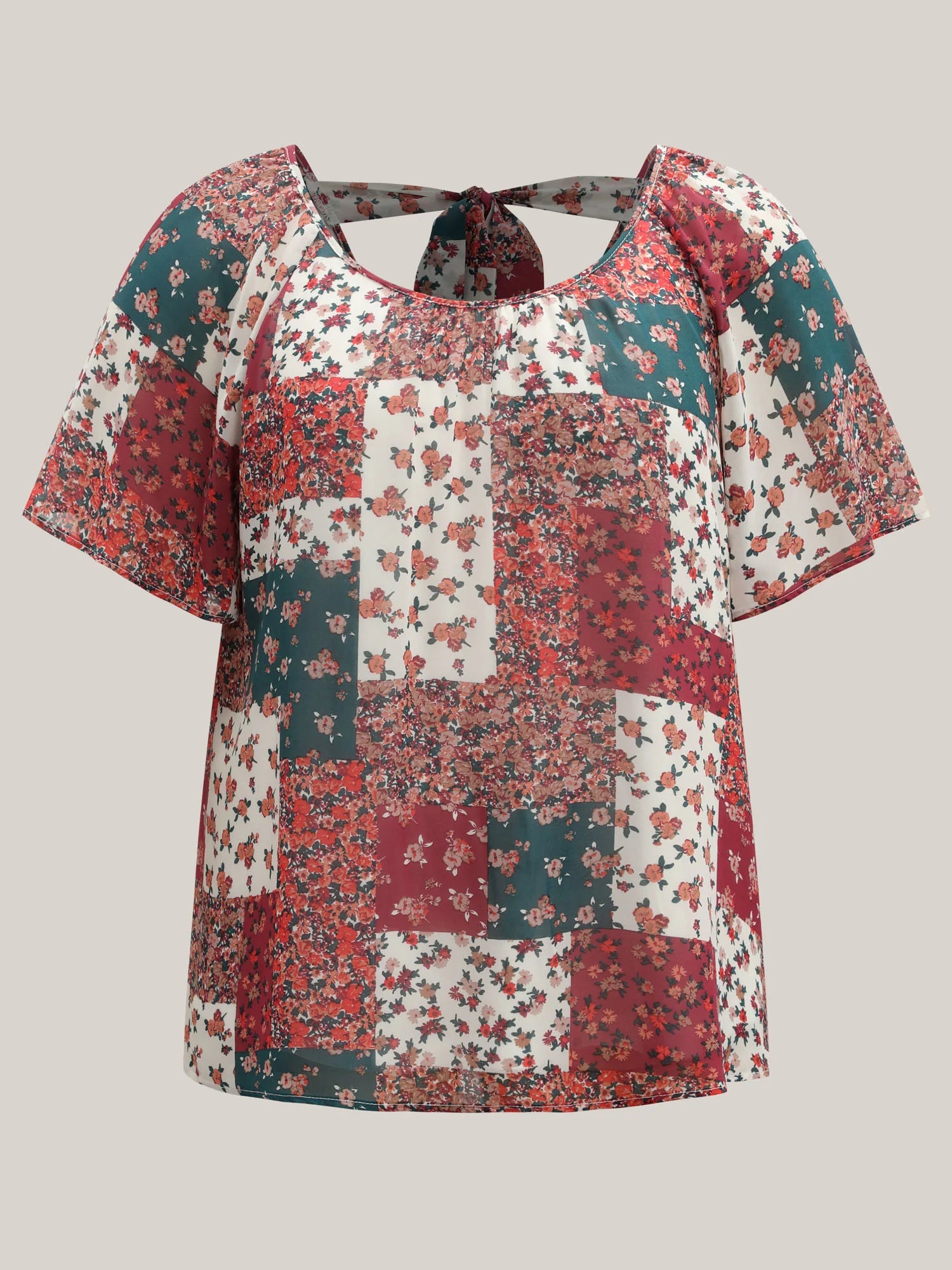 Boho Collage Print Backless Tie Blouse