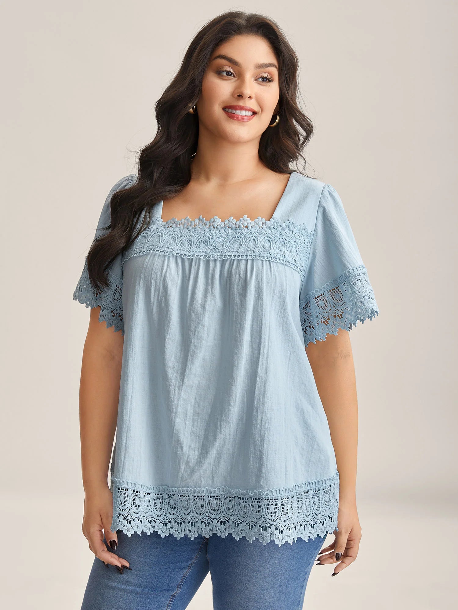Lace Trim Spliced Solid Blouse