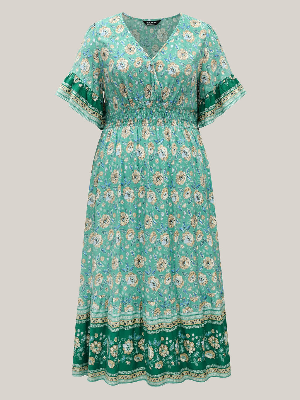 Floral Bell Sleeve Shirred Waist Midi Dress