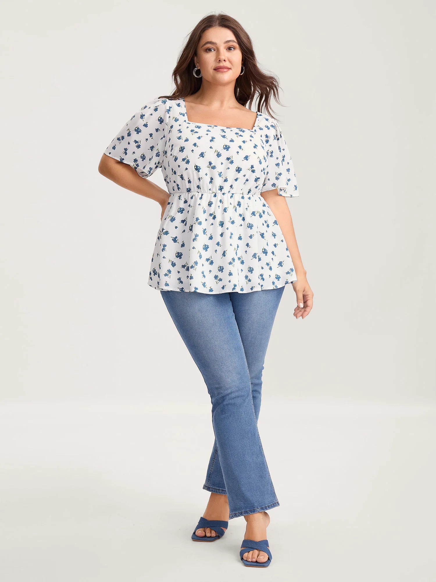 Delicate Floral Print Lotus Sleeve Blouse