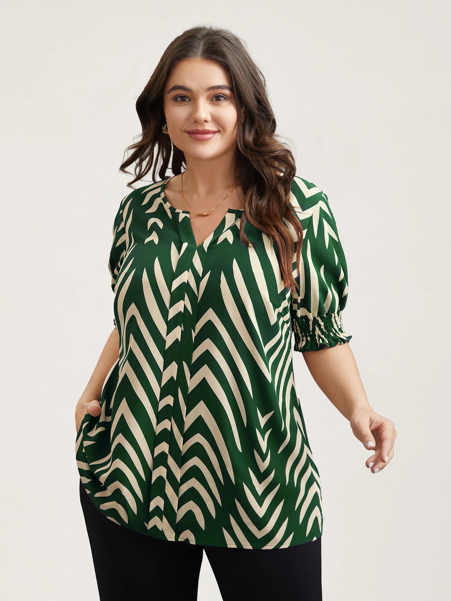 Geometric Print Ruffled Shirred Shirt
