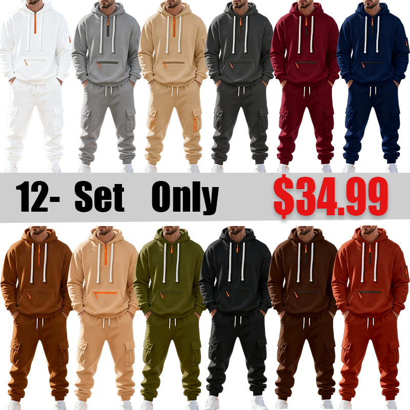 Men’s Winter Fleece-Lined Set – Warm Casual Workwear Outfit with Multi-Pocket Jacket & Pants