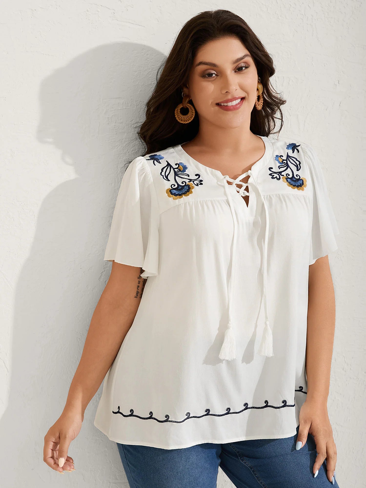 Floral Embroidered Cross-Tie Neck Blouse