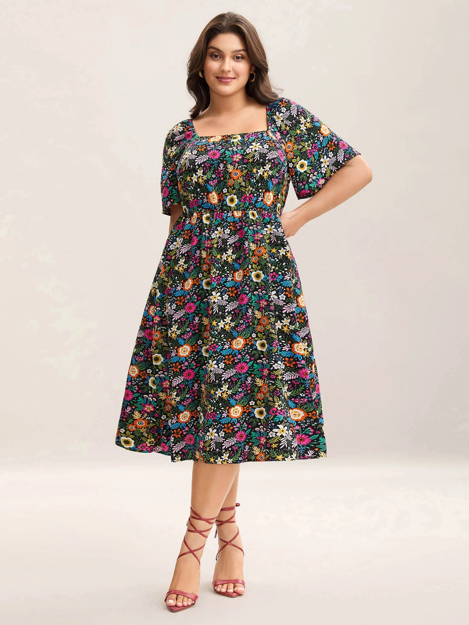 Bold Floral Print Pockets Midi Dress