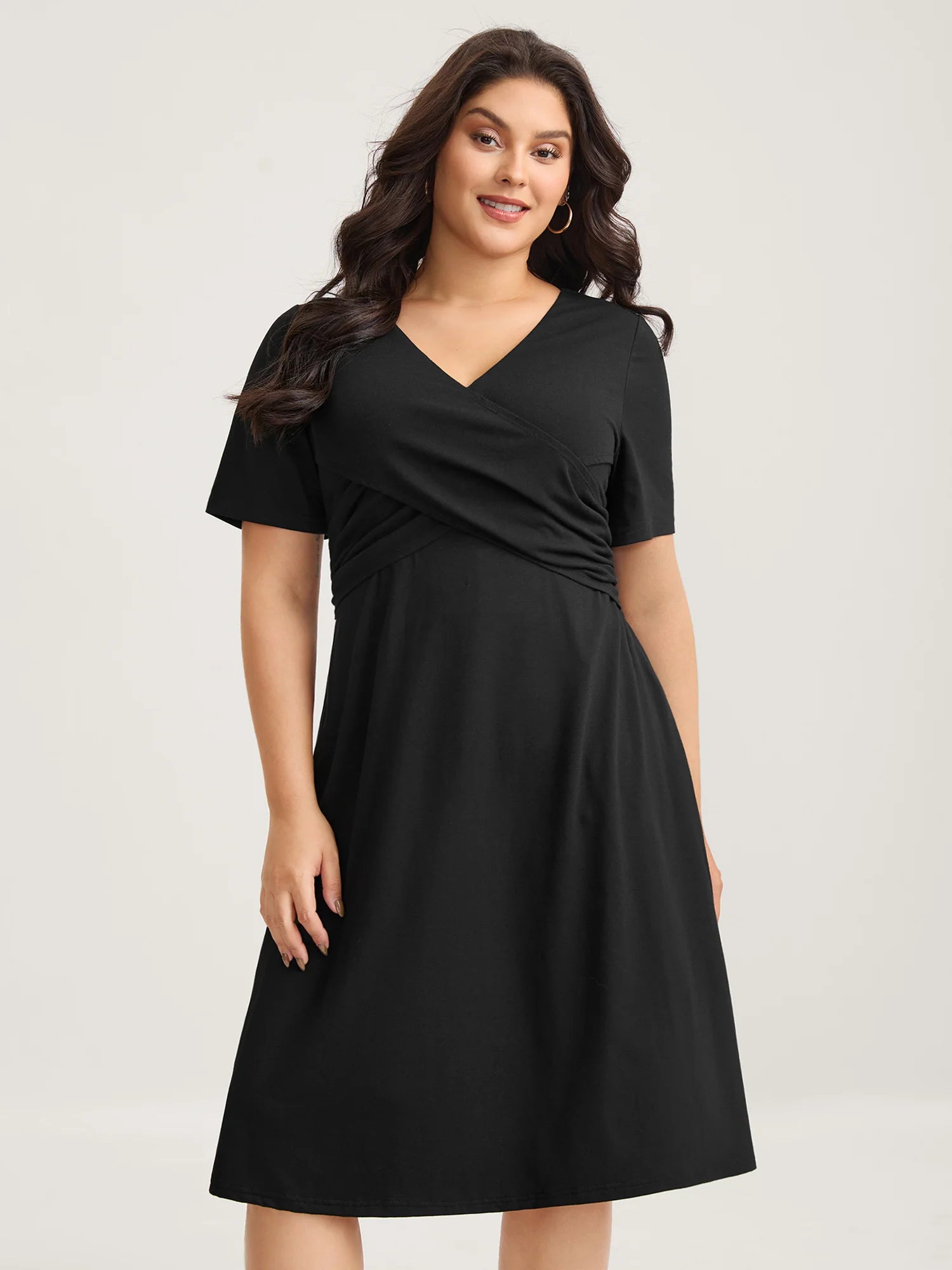 Overlap Bodice Solid Knit Pockets Midi Dress