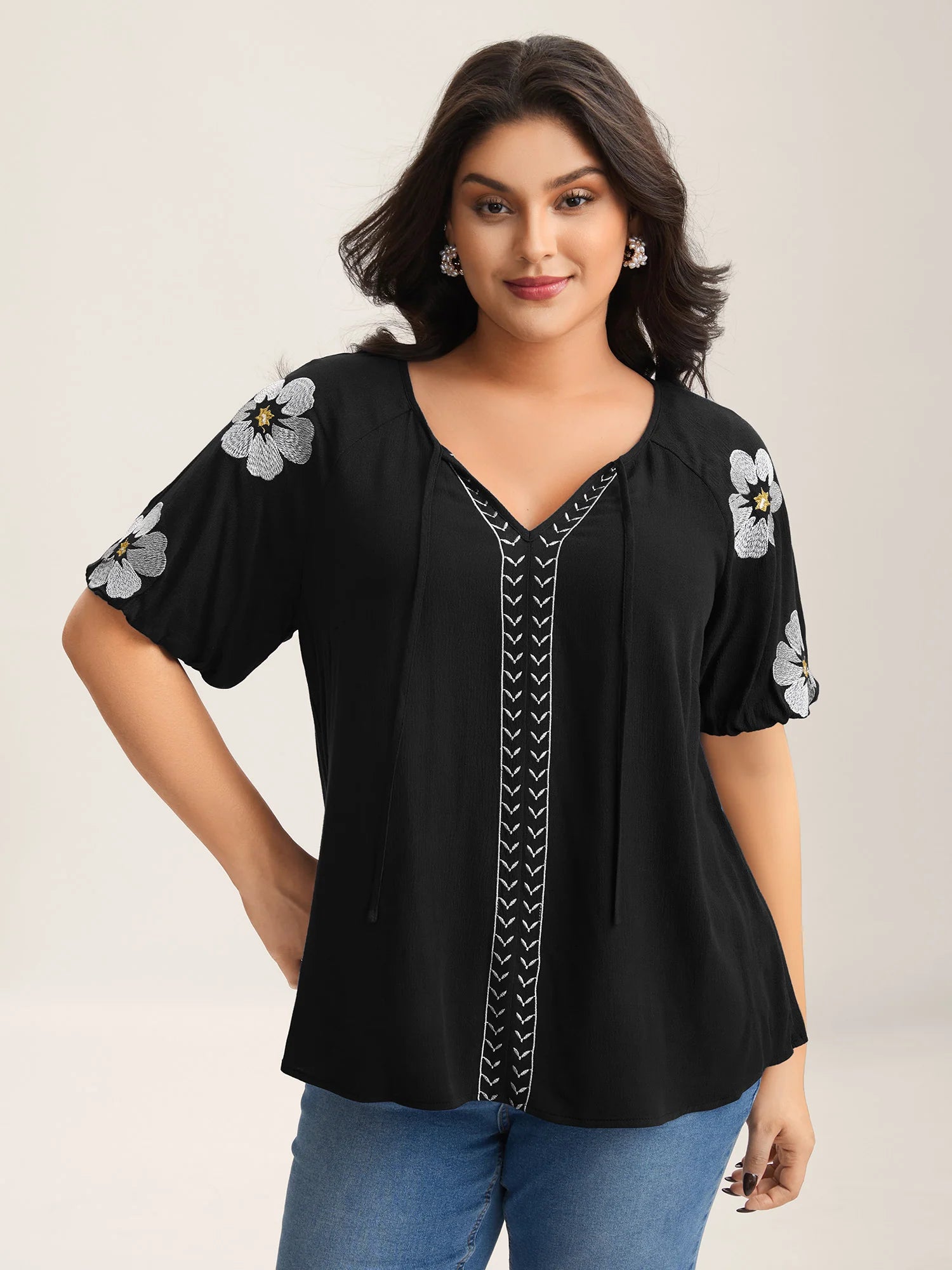 Floral Embroidery Textured Neck Tie Blouse