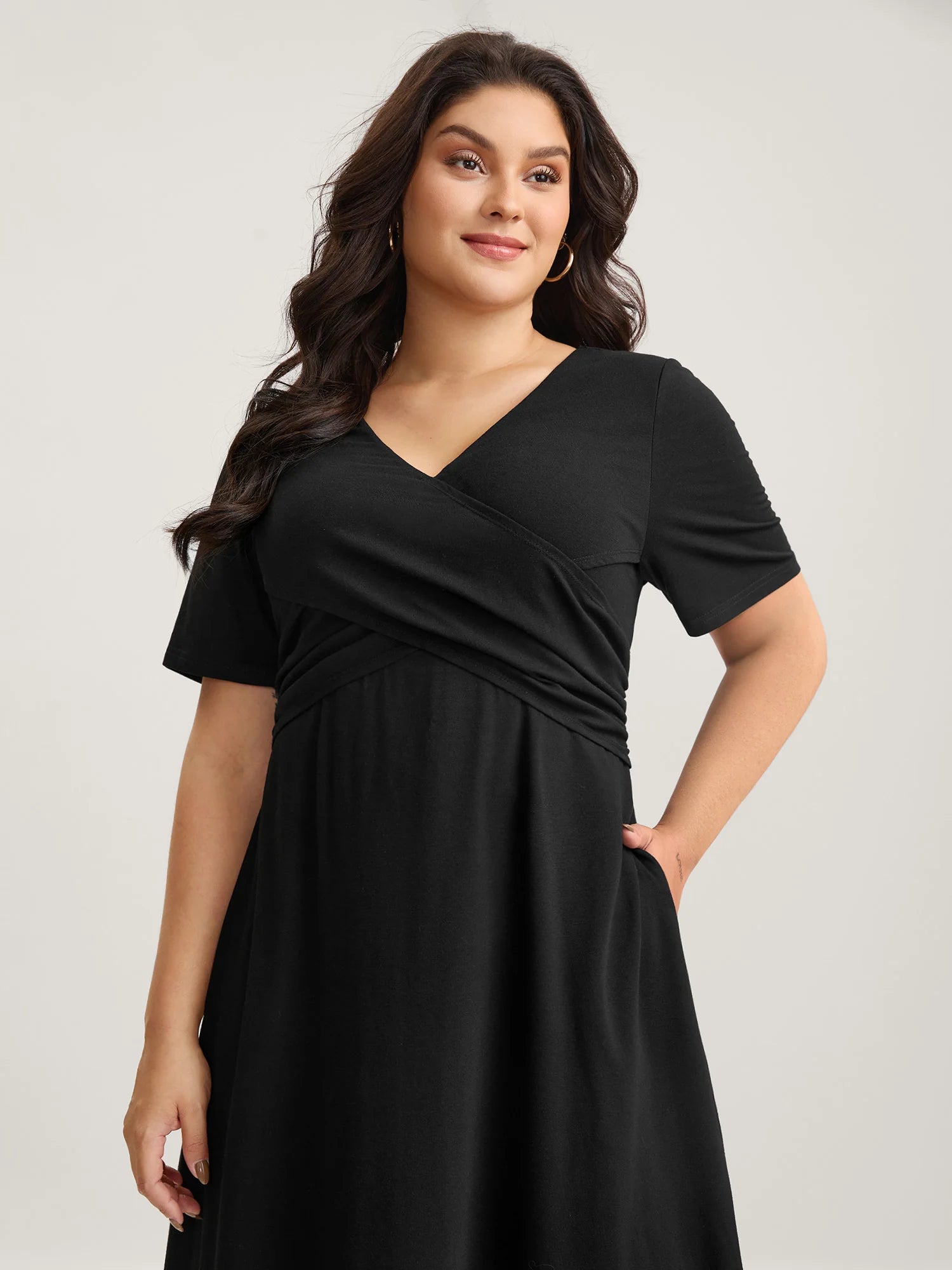 Overlap Bodice Solid Knit Pockets Midi Dress