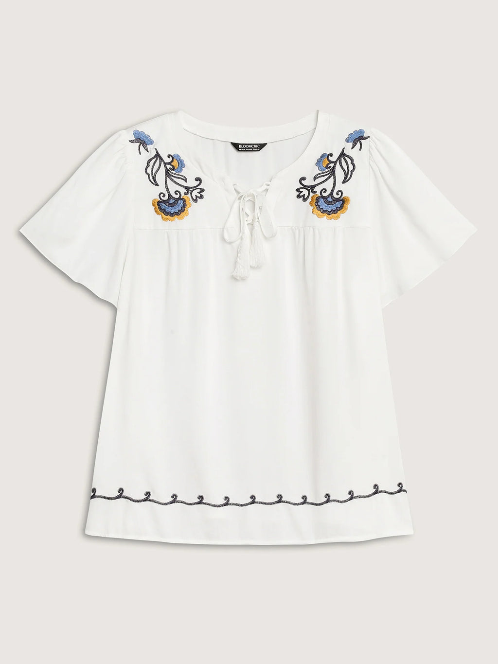 Floral Embroidered Cross-Tie Neck Blouse