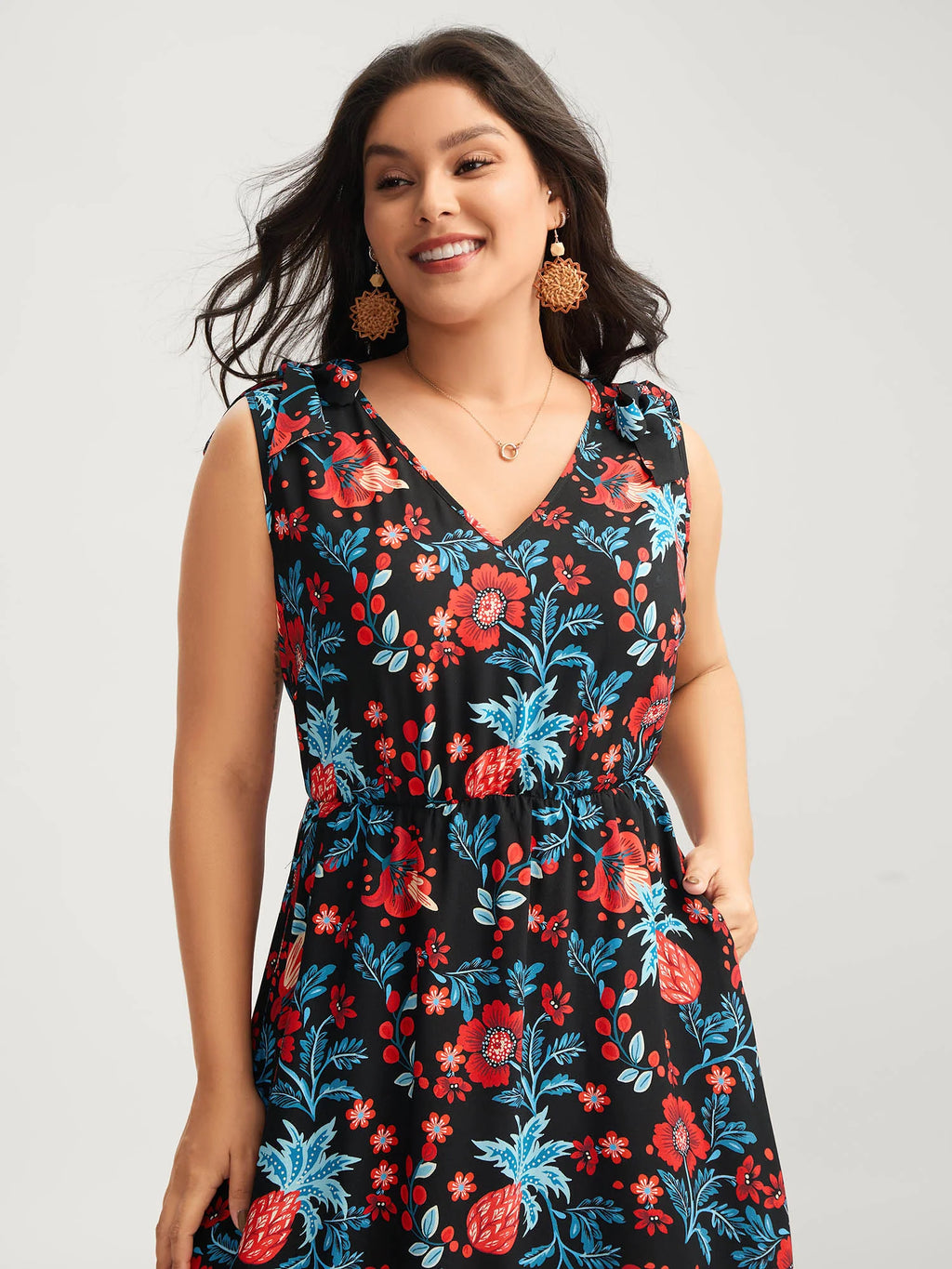 Boho Print Shoulder Tie Midi Dress