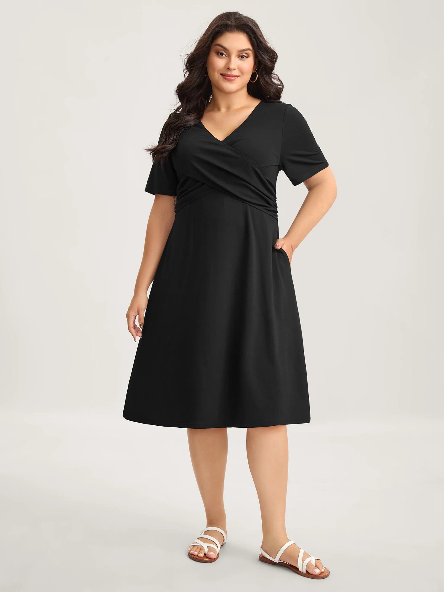 Overlap Bodice Solid Knit Pockets Midi Dress