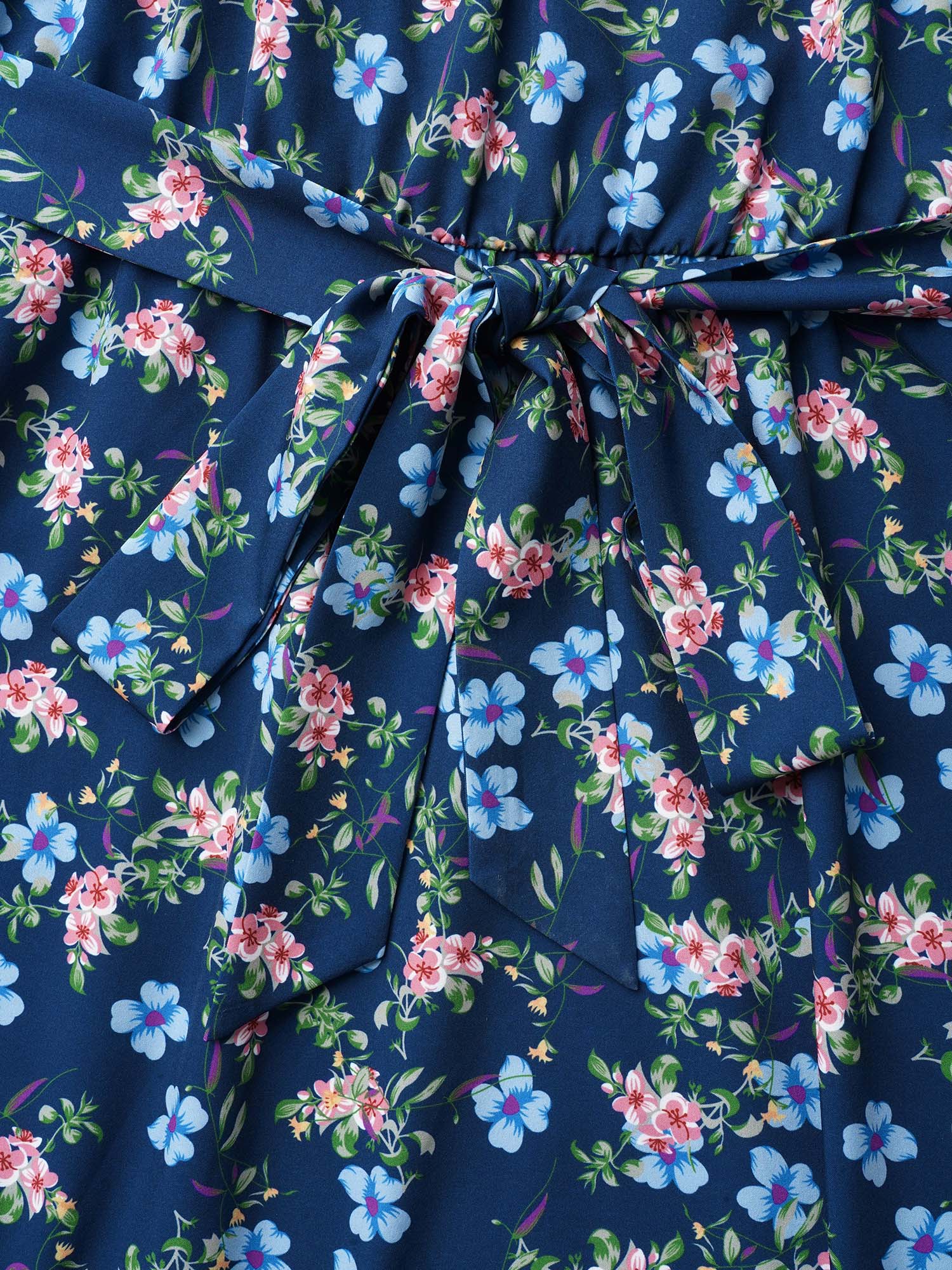 Floral Print Belted Stretchy Waist Midi Dress
