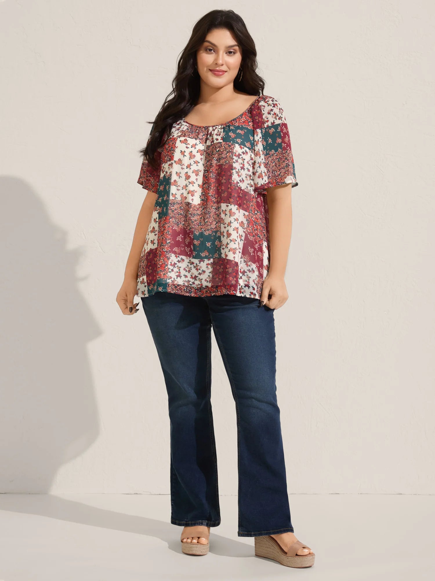 Boho Collage Print Backless Tie Blouse