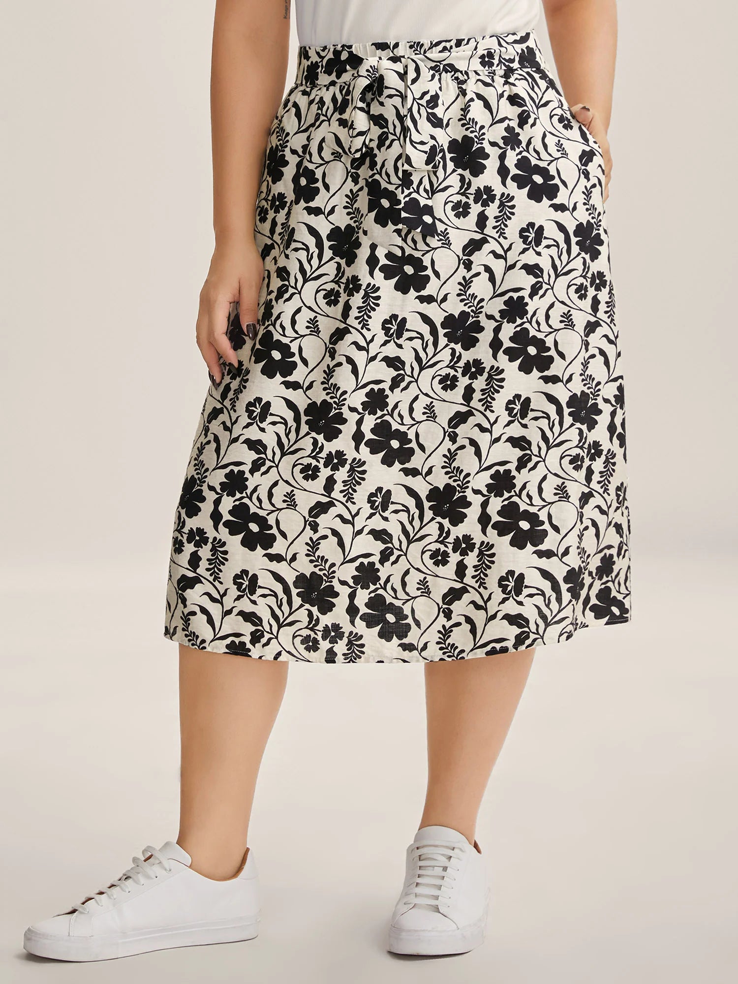 Floral Print Belted Midi A-Line Skirt