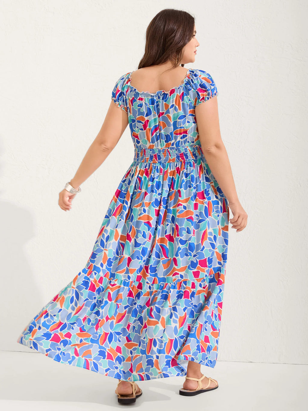 Floral Abstract Shirred Waist Midi Dress