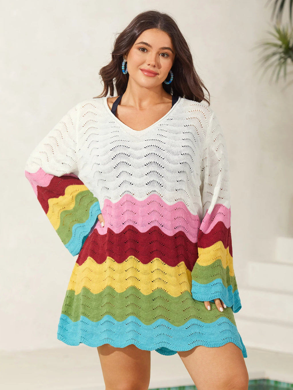 Colorful Waves Cut-Out Swim Cover-Up