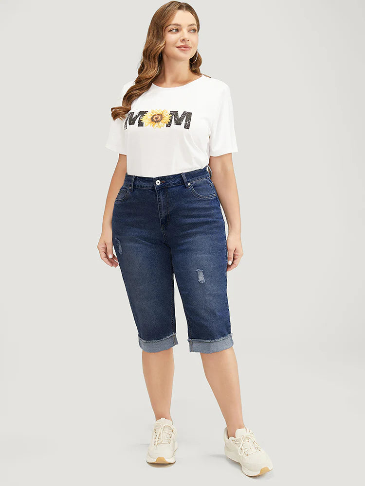 Moderately Stretchy Roll Hem Ripped Knee Denim Shorts