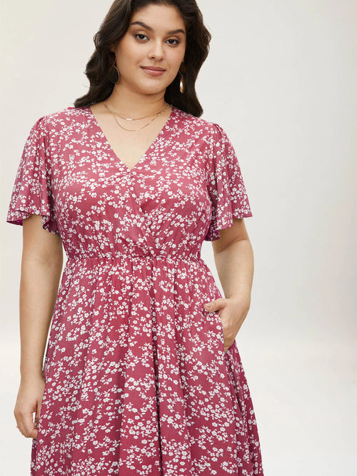 Bloom Dress - Ditsy Floral Elastic Waist Ruffles Pocket Knee Dress