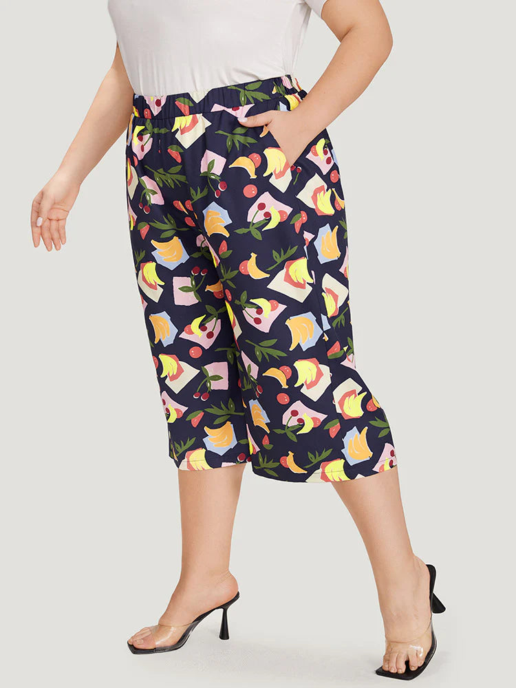 Fruit Print Slant Pocket Elastic Waist Pants