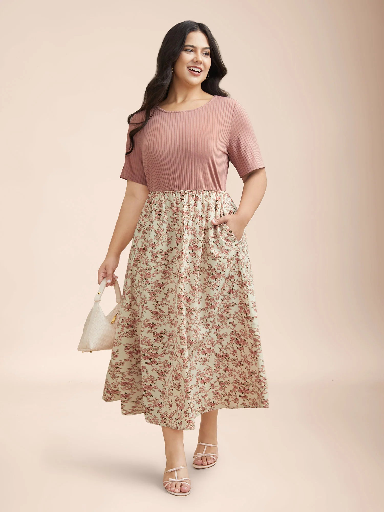 Floral Color Contrast Ribbed Pockets Maxi Dress