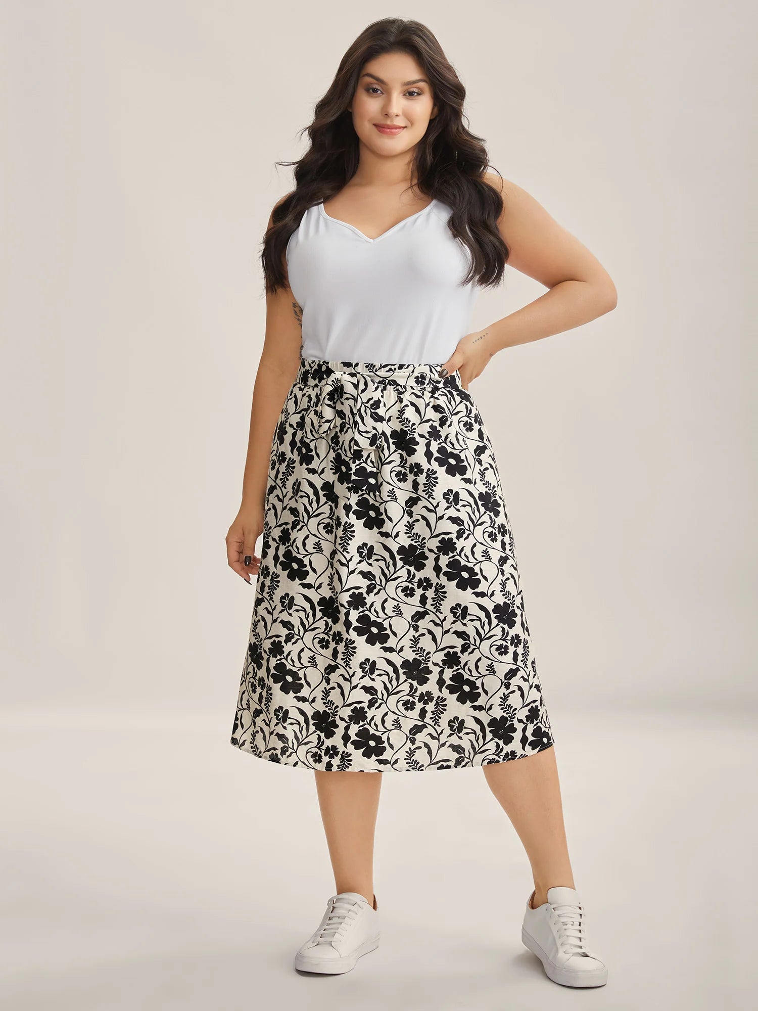 Floral Print Belted Midi A-Line Skirt