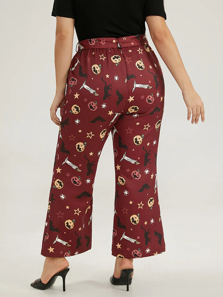 Halloween Graphic Belted Flare Leg Pants