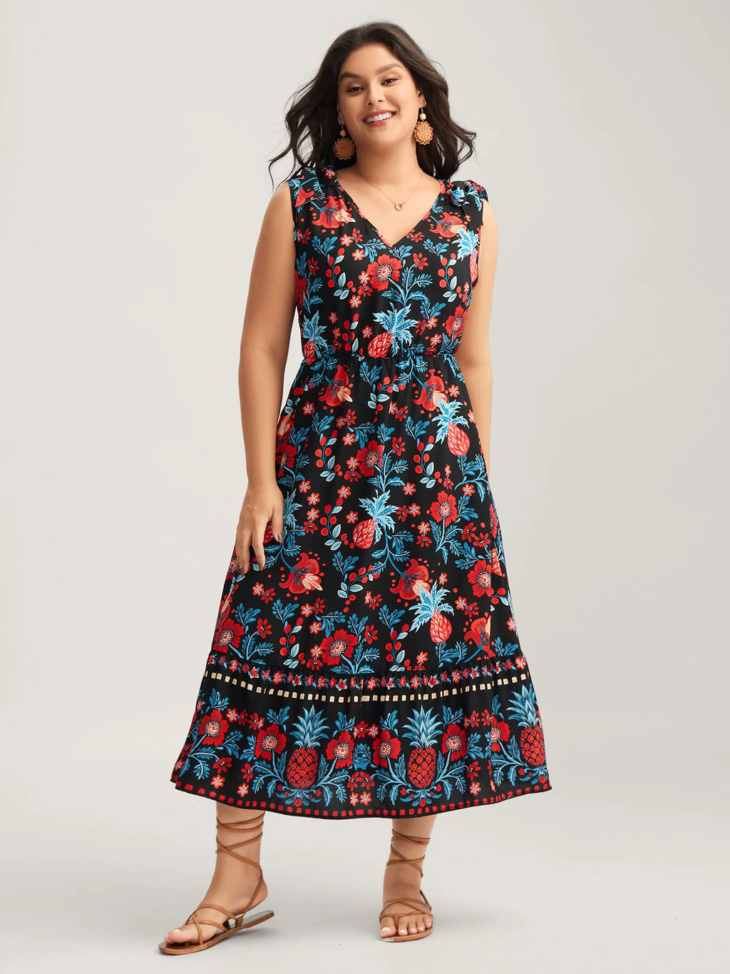 Boho Print Shoulder Tie Midi Dress