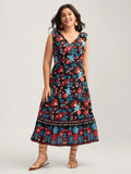 Boho Print Shoulder Tie Midi Dress