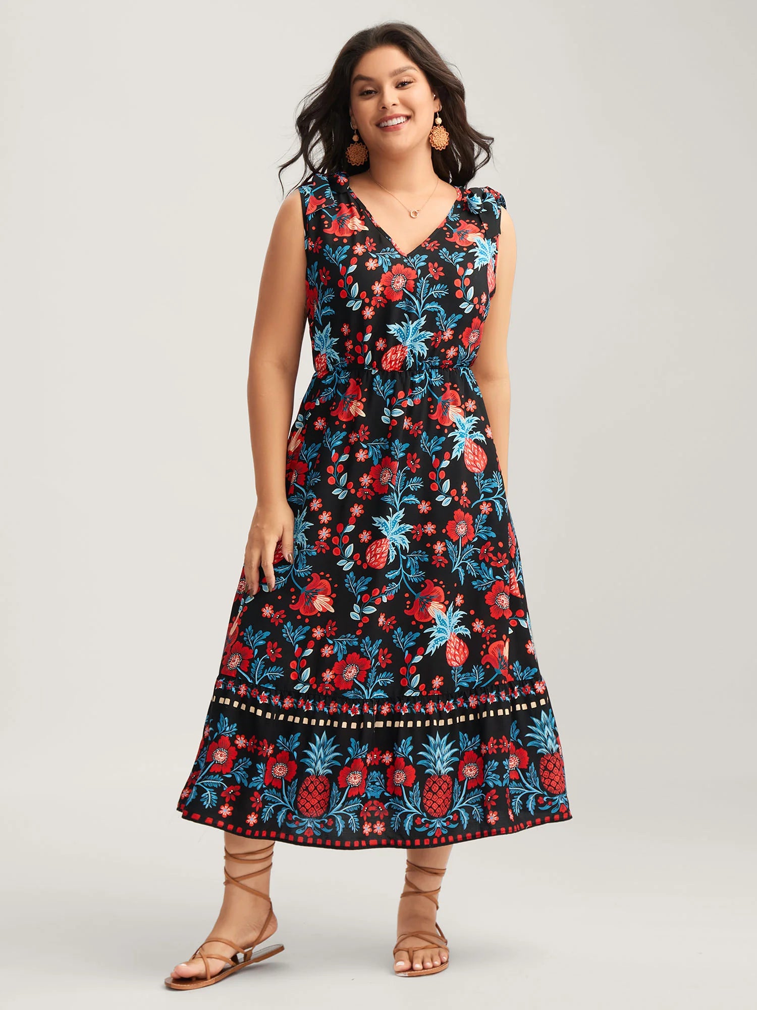 Boho Print Shoulder Tie Midi Dress