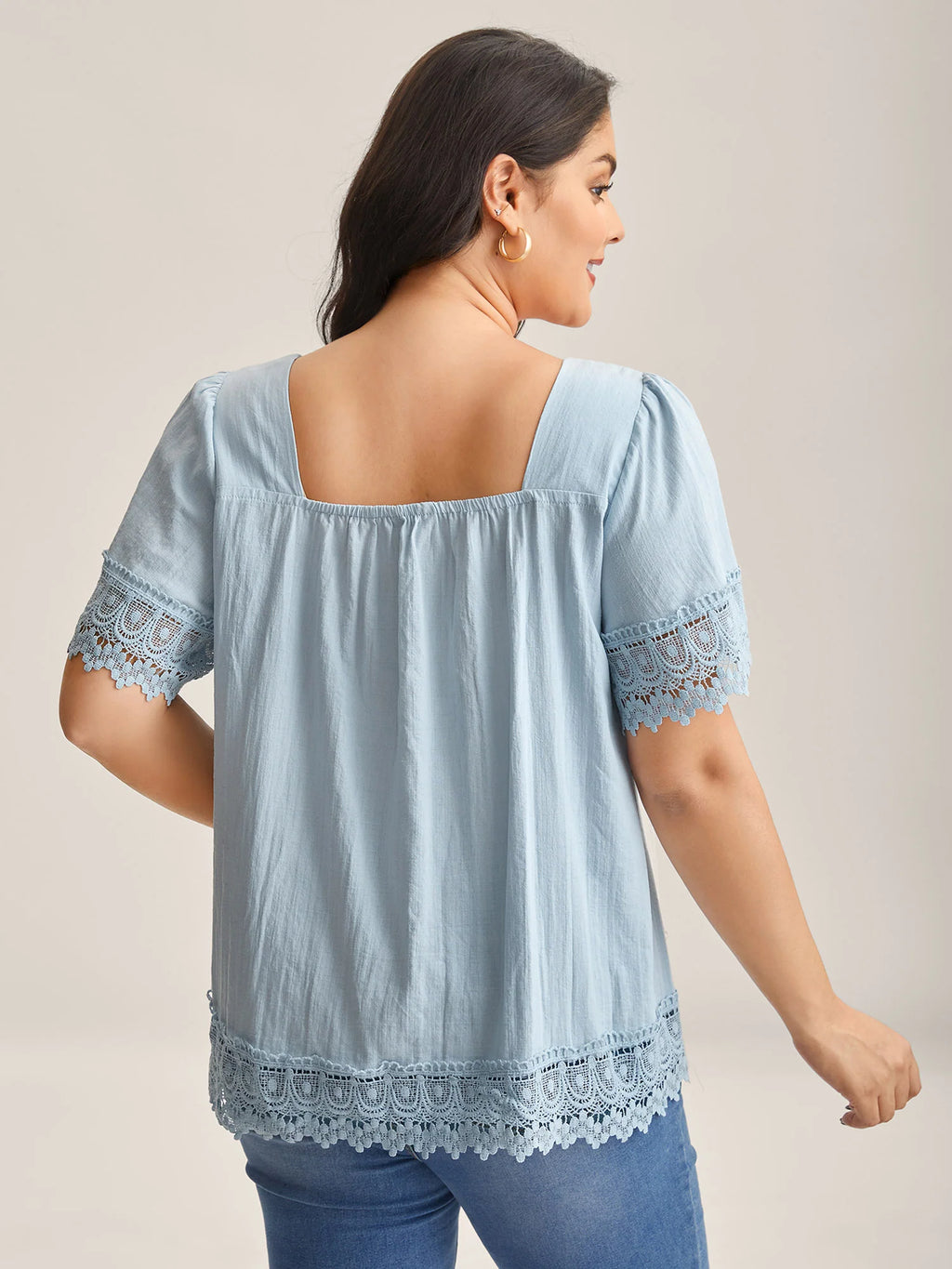 Lace Trim Spliced Solid Blouse